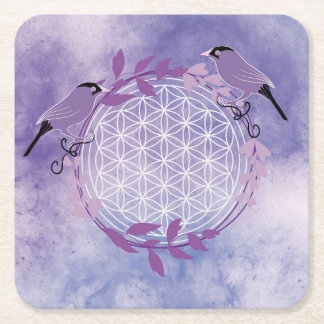 Bird, flower of life,flower, animal, purple square paper coaster