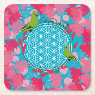 bird, flower of life,pink, flower, natural,sacred  square paper coaster