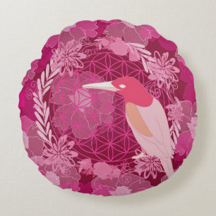 Bird flower of life round cushion