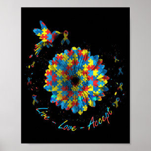 Bird Flower Ribbon Puzzle Live Love Accept Autism Poster