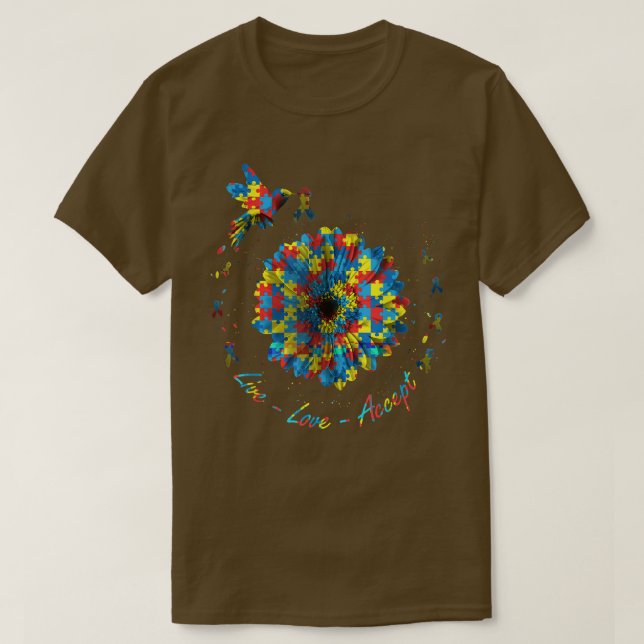 Bird Flower Ribbon Puzzle Live Love Accept Autism  T-Shirt (Design Front)