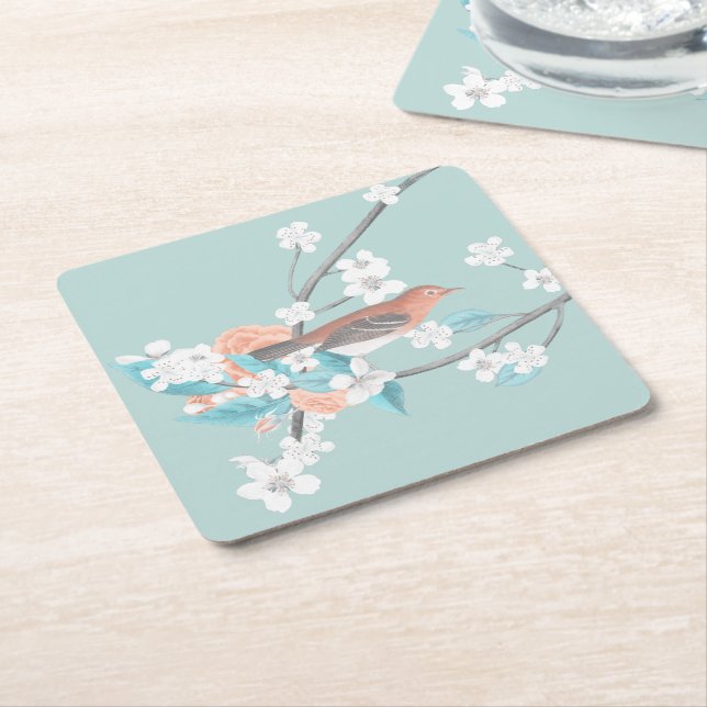 Bird & Flowers Square Paper Coaster (Angled)