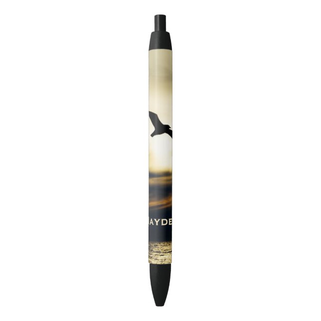 Bird Flying Silhouette Sunset Personalised Black Ink Pen (Front Vertical)