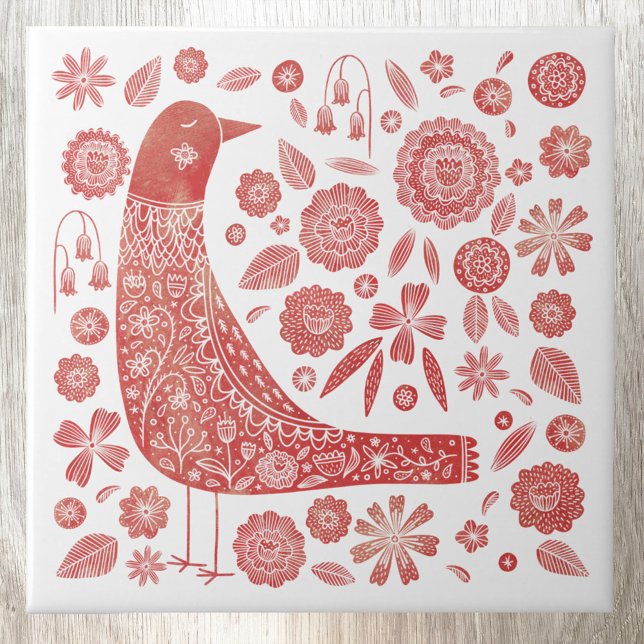 Bird Folk Art Tile (Scandinavian watercolor red and white bird art ceramic tile)