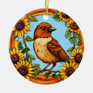 Bird Framed by Vibrant Flowers Ceramic Tree Decoration