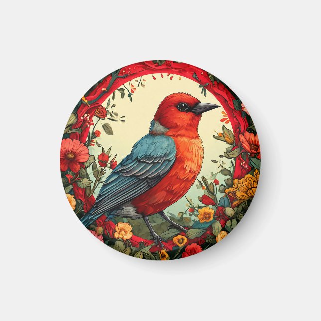 Bird Framed by Vibrant Flowers Magnet (Front)