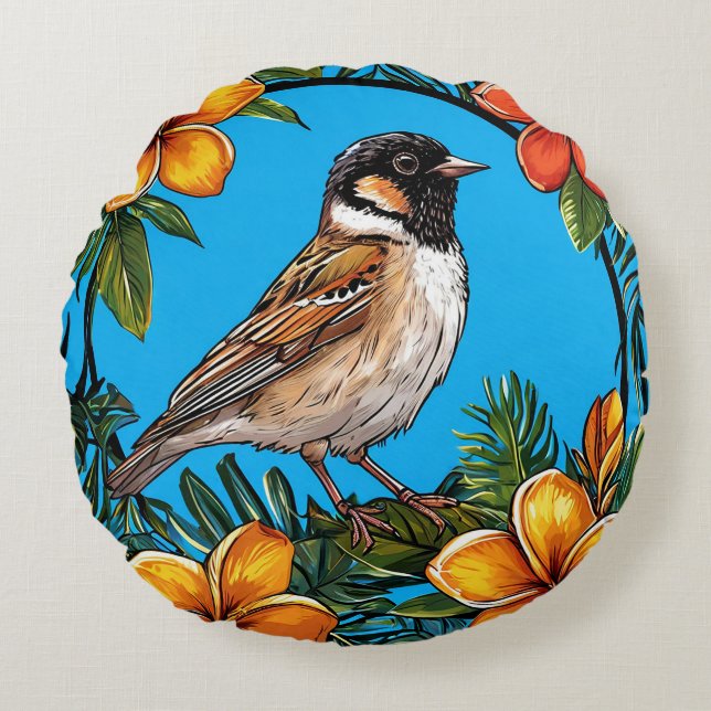 Bird Framed by Vibrant Flowers Round Cushion (Front)
