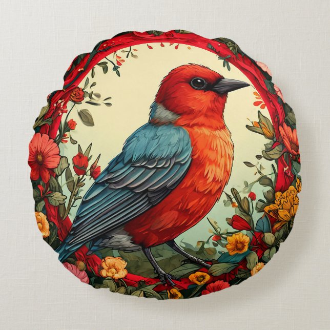 Bird Framed by Vibrant Flowers Round Cushion (Front)