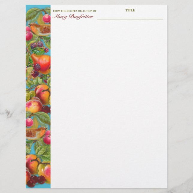 Bird fruit personalised recipe letterhead (Front)