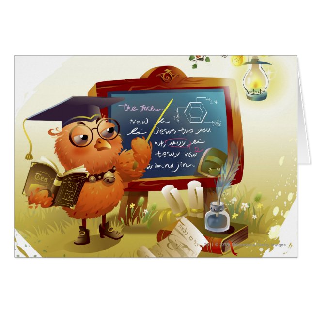 Bird holding a book and teaching at a blackboard (Front Horizontal)