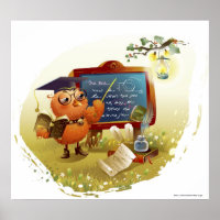 Bird holding a book and teaching at a blackboard