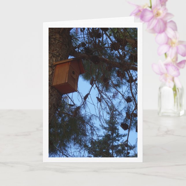 Bird House in Pine Tree Portrait Card (Orchid)