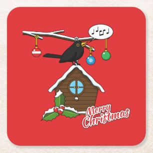 Bird House Merry Christmas Square Paper Coaster