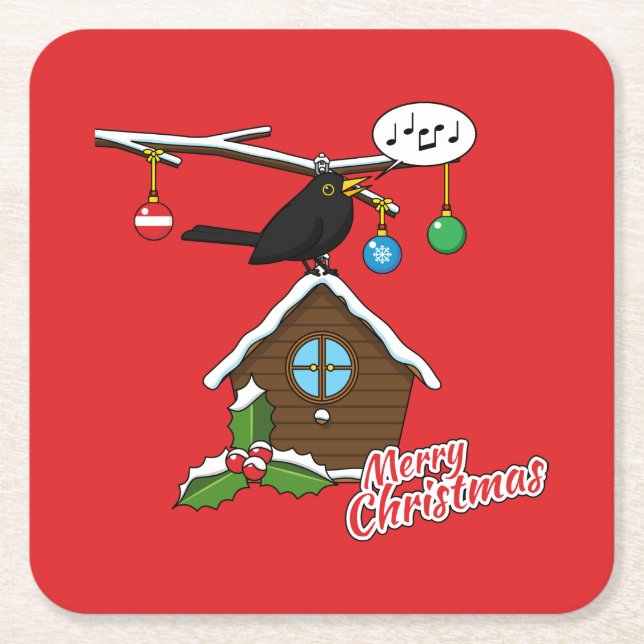 Bird House Merry Christmas Square Paper Coaster (Front)