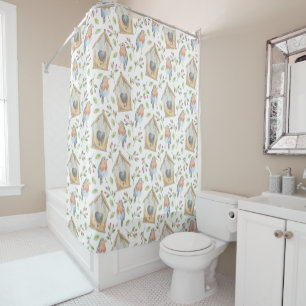 Bird house watercolor spring shower curtain