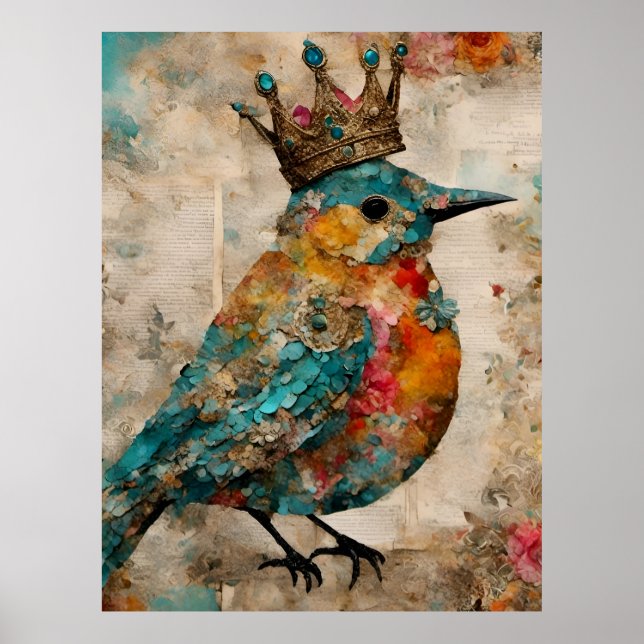 Bird in a Crown Mixed Media Collage Poster (Front)