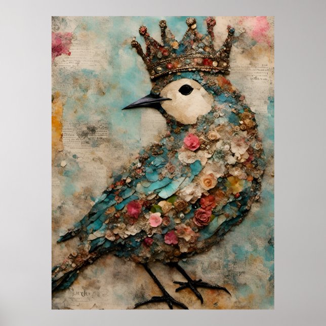 Bird in a Crown Mixed Media Collage Poster (Front)