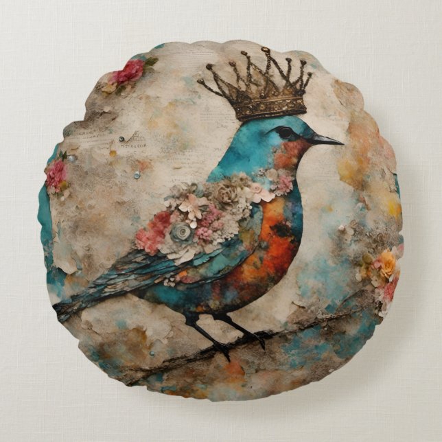 Bird in a Crown Mixed Media Collage Round Cushion (Front)