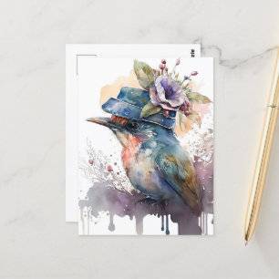 Bird in a Fancy Hat Watercolor Postcard