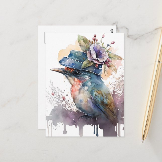 Bird in a Fancy Hat Watercolor Postcard (Front/Back In Situ)
