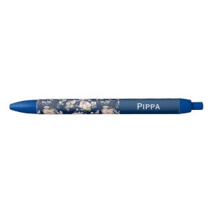 Bird in Blossom Flowers Navy Blue Custom Name Black Ink Pen