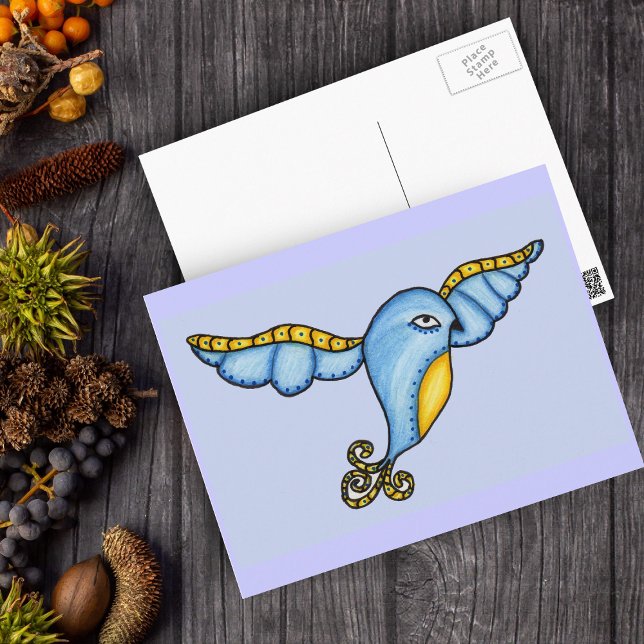 Bird In Flight Postcard (Fantasy flying blue and yellow bird scrolled tail on blue postcard.)