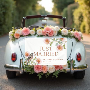 Bird in Flowers Just Married Car Banner