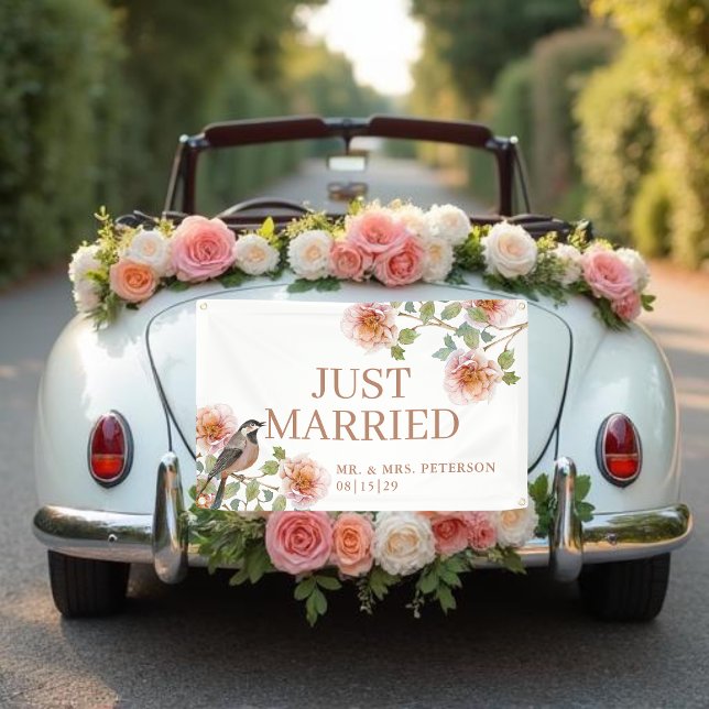 Bird in Flowers Just Married Car Banner (Creator Uploaded)