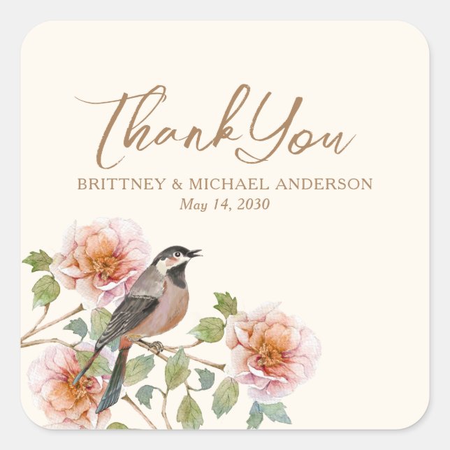 Bird in Flowers Wedding Square Sticker (Front)