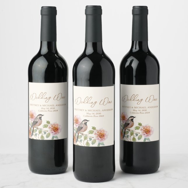 Bird in Flowers Wedding Wine Label (Bottles)