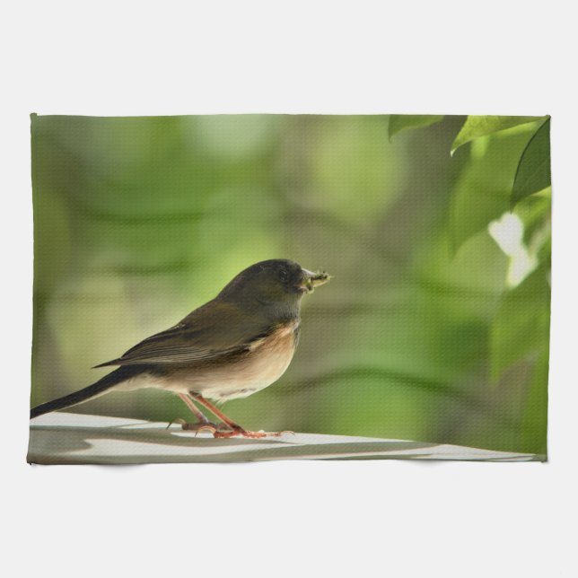 Bird in green leaves background tea towel (Horizontal)
