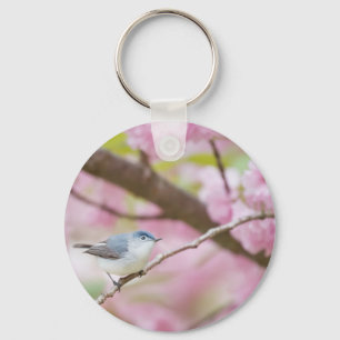 Bird in Pink Blossom Tree Key Ring