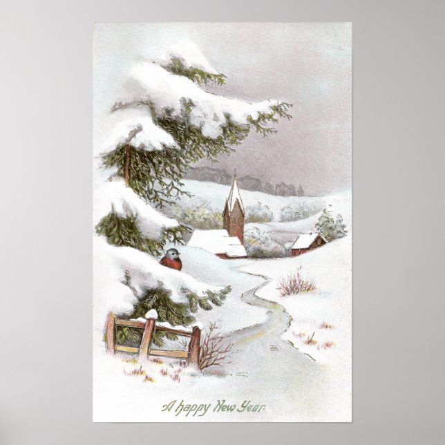 Bird in Snowy Winter Scene for the New Year Poster (Front)