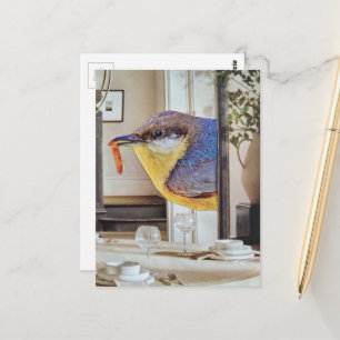 bird in the dining room surreal collage art postcard