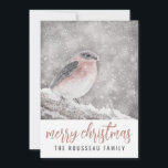 Bird In Winter Snow Merry Christmas Holiday Card<br><div class="desc">A serene and pretty bird in winter snow holiday season Christmas card in a soft serene nature theme. add your family name.</div>