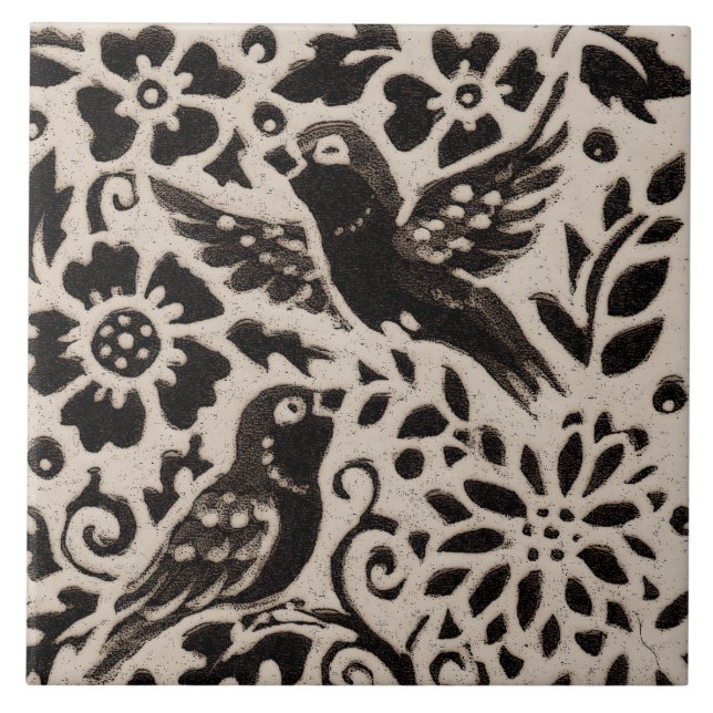 Bird Leaf Batik Stoneware Woodland Animal Tan Grey Tile (Front)