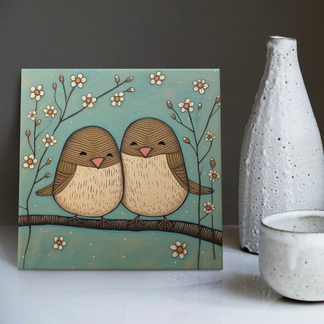Bird Love Vintage Muted Blue Art Nouveau Tile (Creator Uploaded)
