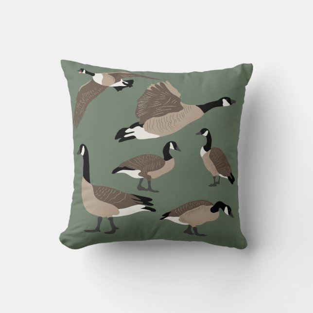 Bird Lovers Canada Geese Illustration Sage Green Cushion (Front)