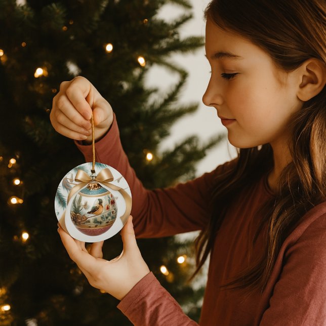 Bird Lovers  Keepsake  Christmas Ornament (Trimming the tree with festive bird ornament with a gold bow)