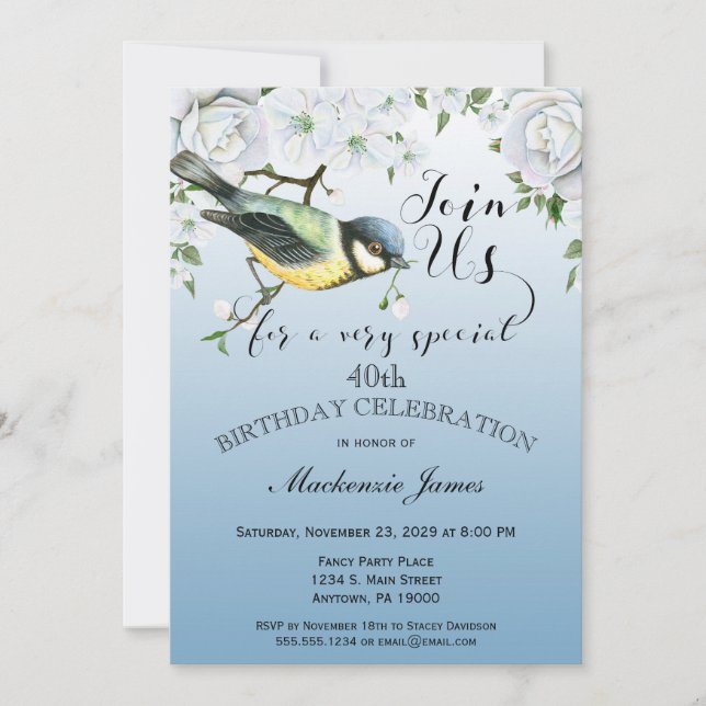 Bird Nature Birthday Party Invitation Blue Floral (Front)