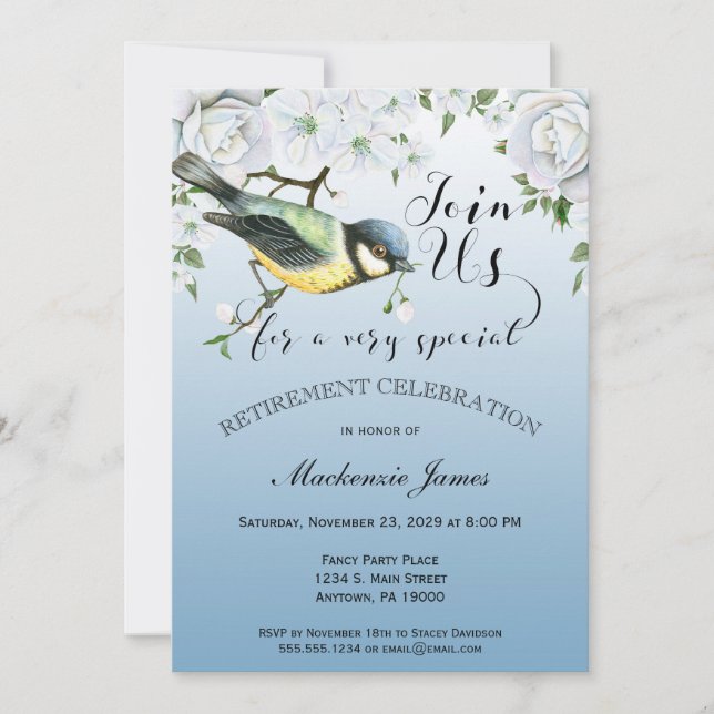 Bird Nature Retirement Invitation Blue Floral (Front)