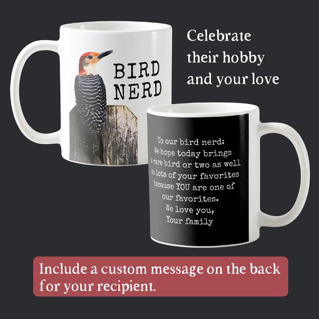 Bird Nerd Mug with Customisable Message (This custom Bird Nerd mug allows plenty of space on the back for a personal message for your gift.)