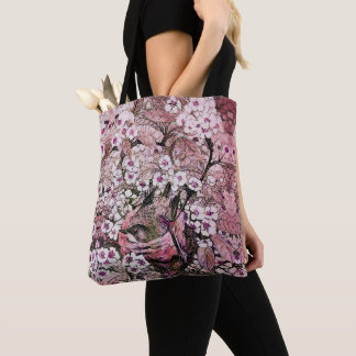 BIRD NEST AMONG PINK WHITE SPRING FLOWERS Floral Tote Bag