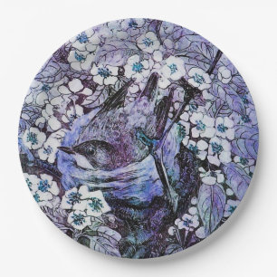 BIRD NEST AMONG SPRING FLOWERS ,White,Blue Paper Plate