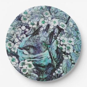 BIRD NEST AMONG SPRING FLOWERS ,White,Blue Teal  Paper Plate
