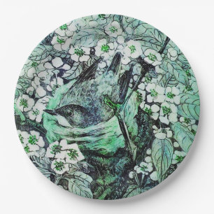 BIRD NEST AMONG SPRING FLOWERS ,White Green Paper Plate