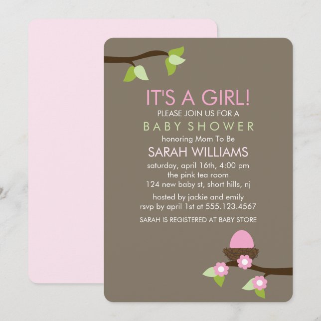 Bird Nest and Blossoms Girl Baby Shower Invitation (Front/Back)