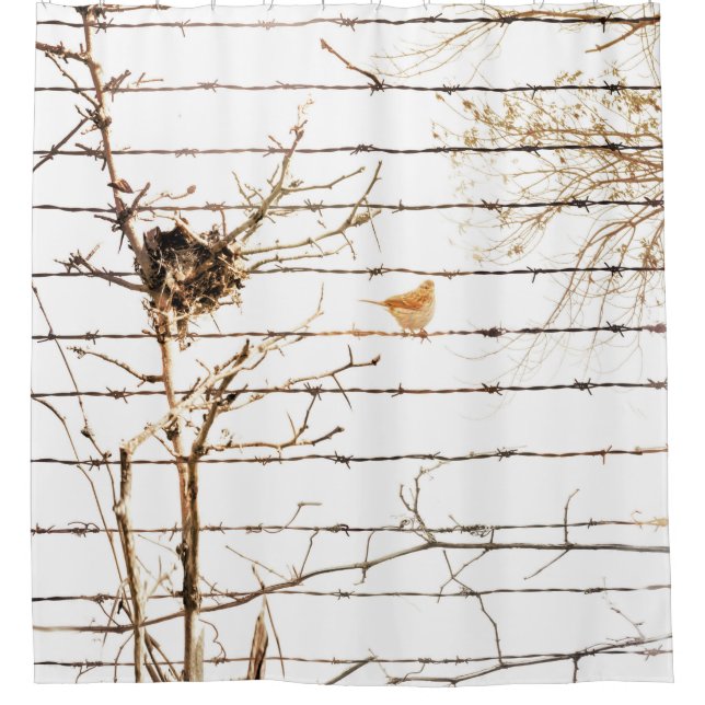 Bird Nest Branches Sparrow and Barbed Wire Nature Shower Curtain (Front)