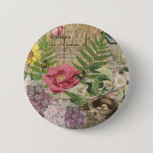 Bird Nest Floral Garden Flower Butterfly Art 6 Cm Round Badge