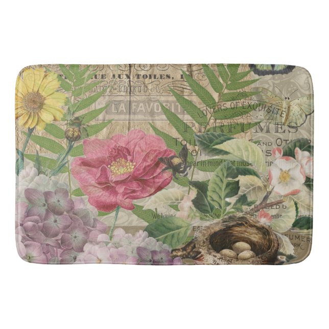 Bird Nest Floral Garden Flower Butterfly Art Bath Mat (Front)